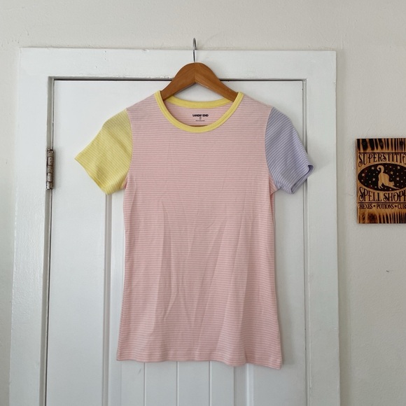 Lands’ End Striped T Shirt Pastel Colorblock Striped T-Shirt Size S* (2-4) NWOT - Picture 1 of 4